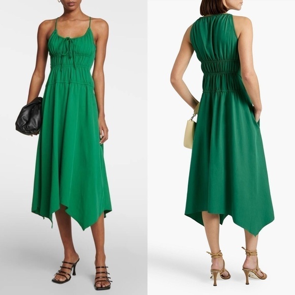 PROENZA SCHOULER Emerald Crepe Ruched Smocked Tie Front Sleeveless Midi Dress 10 - Picture 12 of 16